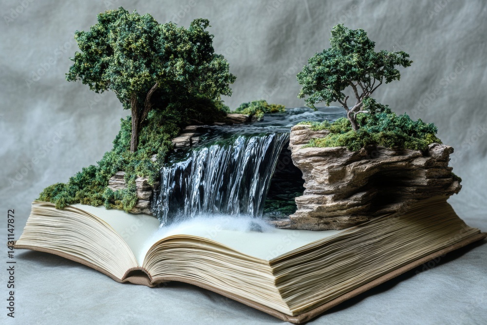 Creative Waterfall Flowing From a Book With Nature Details Showcasing Knowledge and Imagination Generative AI