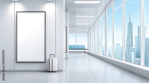 A modern  bright interior featuring large windows  a blank wall for artwork  and a minimalist waiting area with a suitcase.