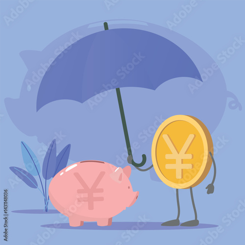 Accumulation of money, wealth, earning interest, vector icon yuan, yen, piggy bank. Investment protection, safe storage of finances, getting benefit