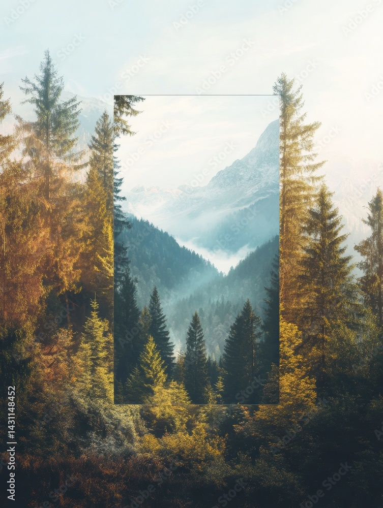 Creative Zipper Opening Revealing a Serene Forest and Mountain Peak Landscape in a Hidden Wildscape Setting Generative AI