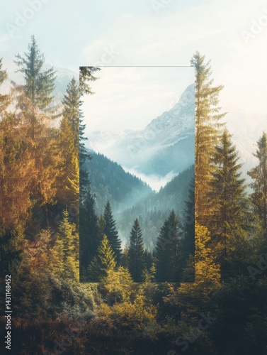 Obraz na płótnie Creative Zipper Opening Revealing a Serene Forest and Mountain Peak Landscape in a Hidden Wildscape Setting Generative AI w salonie