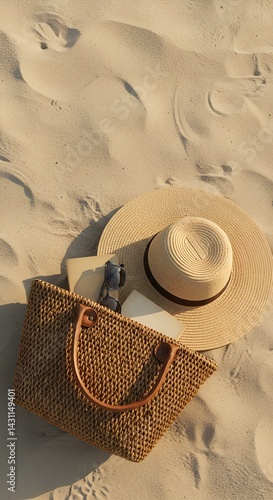 Wicker beach bag with sunhat, sunglasses and book on sand, top view