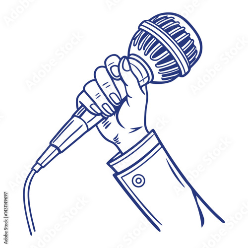 Hand holding microphone vector illustration isolated on white background