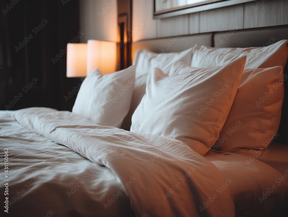 Elegant hotel room interior featuring a comfortable bed with soft pillows and a cozy duvet cover inviting relaxation and a peaceful night's sleep in a luxurious setting