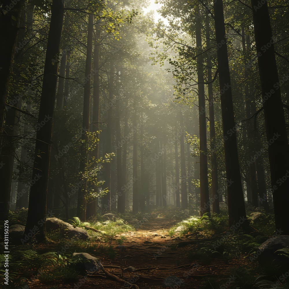 Naklejka premium Walking Path Through Sunlit Forest with Tall Trees and Greenery