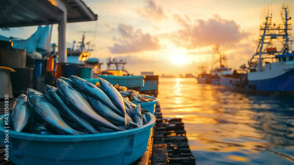 Fresh fish in a container, at the port, at the seafood market and in the concept of the marine industry Fresh fish in a container, at the port, at the seafood market and in the concept of the marine industry