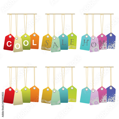 Looking tags in bright colors on a white clean background. The tag is gradient with rivet detail and gold hanging string on each tag.