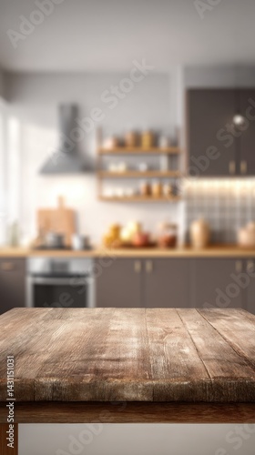 Obraz na płótnie Rustic wooden table surface with blurred kitchen background creating a cozy interior scene perfect for showcasing products with a warm and inviting atmosphere w salonie