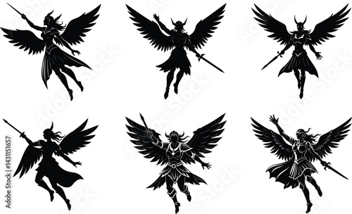 Valkyrie flying into battle silhouette black vector  art set design