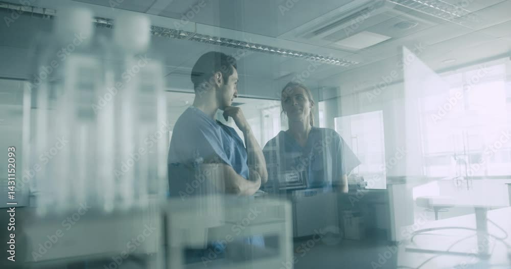 Medical team in Laboratory hospital having a meeting wearing scrubs Medical team in Laboratory hospital having a meeting wearing scrubs