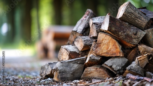 Wallpaper Mural Stacked Chopped Firewood Pile, Rustic Texture, Natural Outdoor Lighting, Blurred Forest Background Torontodigital.ca