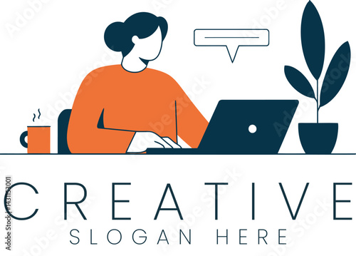 Woman Working on Laptop Creative Office Design Minimalist Illustration cup art home cozy  