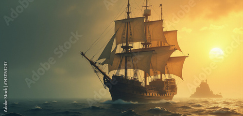 Sunset Waves: An old galleon sails resolutely under the setting sun.