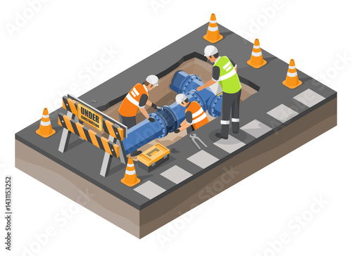 Technicians repairing underground water pipeline beneath city road to ensure efficient utility service and prevent infrastructure disruption isometric cartoon