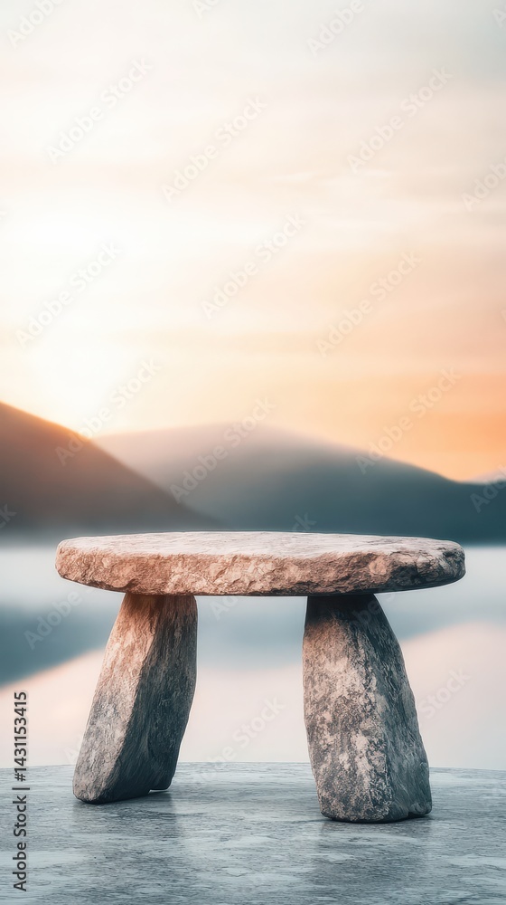 Fototapeta premium Weathered Stone Gate Surrounded by Fog at Sunrise Over Mountains
