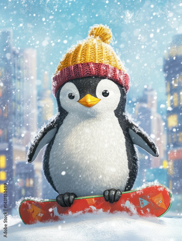 Cute penguin on a snowboard in snowy cityscape. Cute penguin on a snowboard in snowy cityscape.