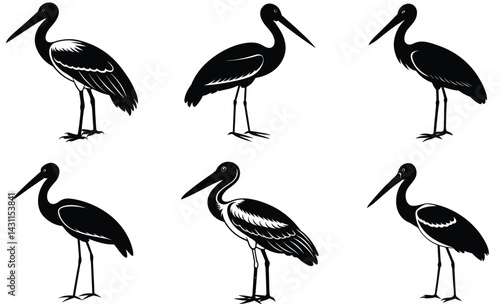 Yellow billed stork animal bird silhouette vector art set design