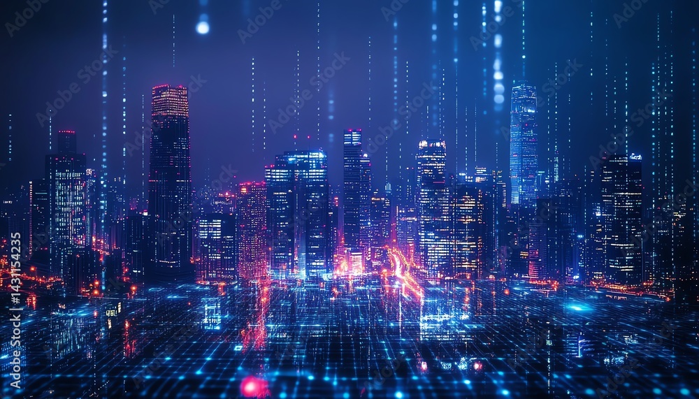Planet Earth, city lights and cellular digital network growing binary data Planet Earth, city lights and cellular digital network growing binary data