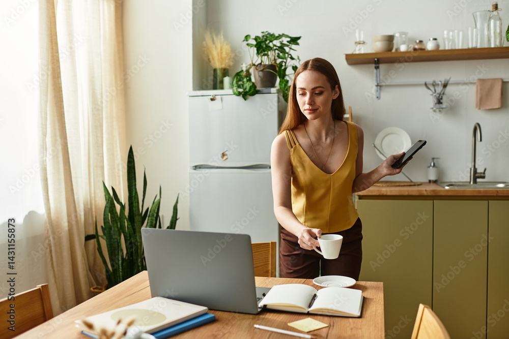Young woman enjoys coffee while balancing tasks in a cozy kitchen setting Young woman enjoys coffee while balancing tasks in a cozy kitchen setting