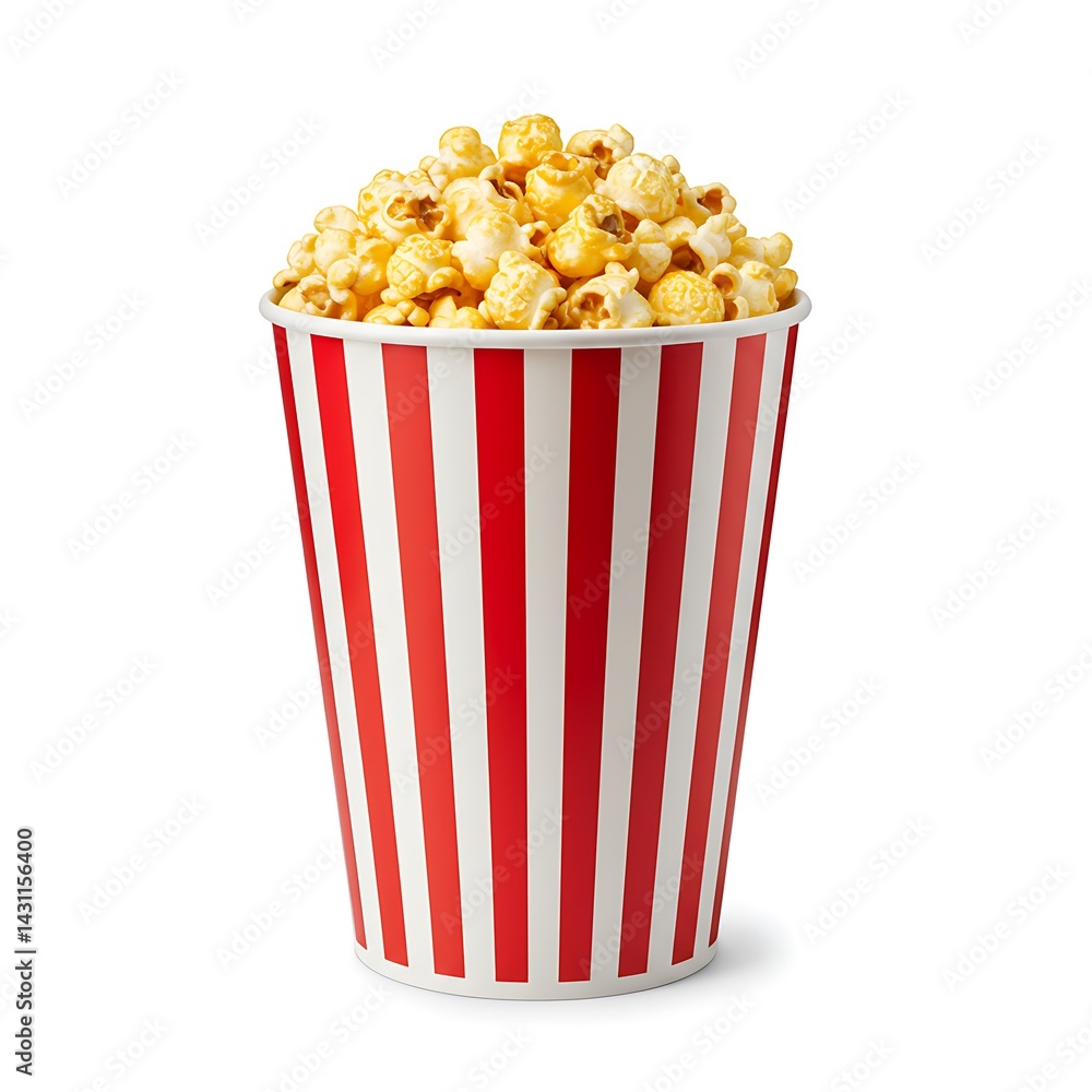 Full popcorn bucket with red stripes isolated on white background