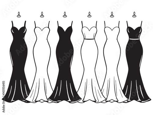 Mermaid gown line art elegant dress sketch with flowing fabric
