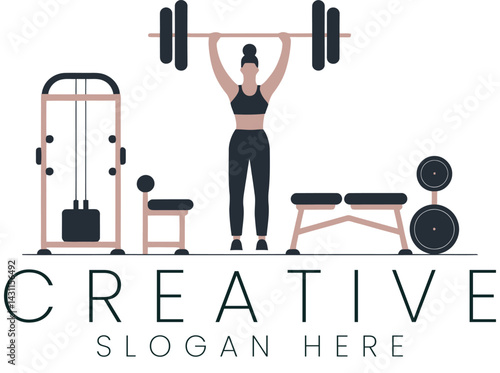 Strong Woman Weightlifting Gym Fitness Design Creative Logo Pink Sport Power Bench Clean  