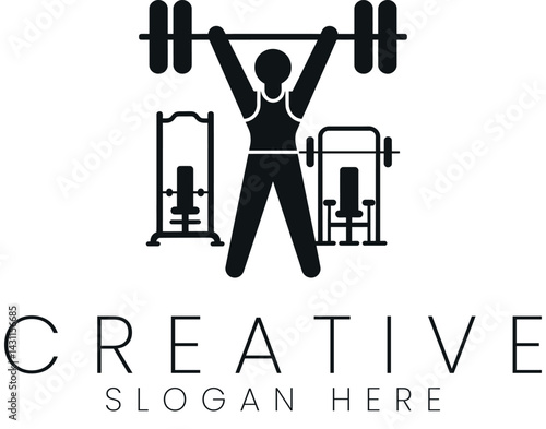 Strong Man Weightlifting Gym Fitness Workout Design icon logo pump body power sport black 