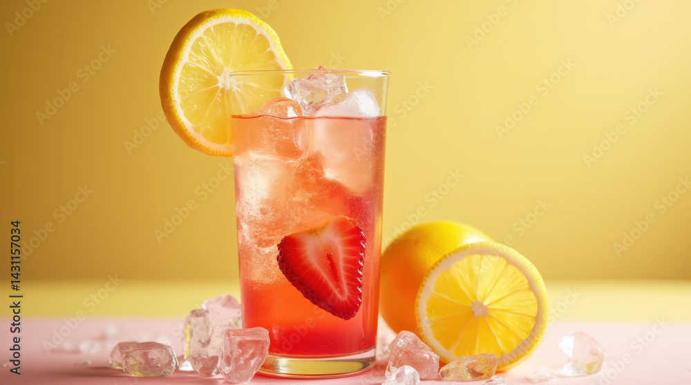Minimalistic composition of a fruit cocktail glass with lemon, strawberry, and ice, clean lines, vibrant accent colors, lots of negative space Minimalistic composition of a fruit cocktail glass with lemon, strawberry, and ice, clean lines, vibrant accent colors, lots of negative space