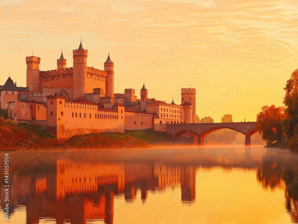 Obraz premium Dawn Serenity Over Majestic Castle Beside Calm River Reflection
