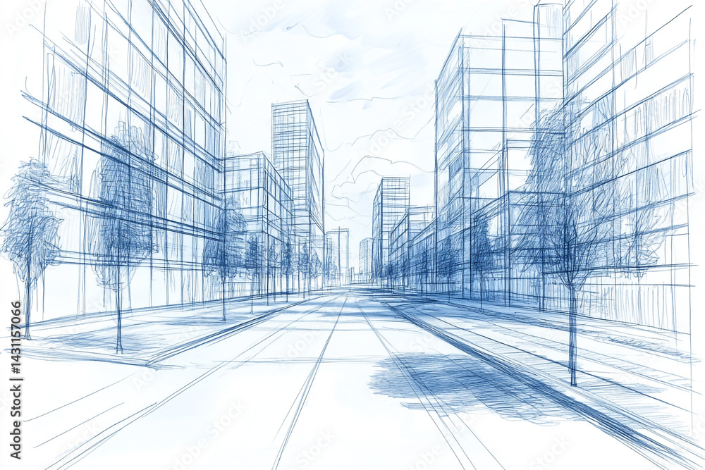 Obraz premium Blueprint sketch of a city street lined with modern buildings and trees a perspective view showing a wide road