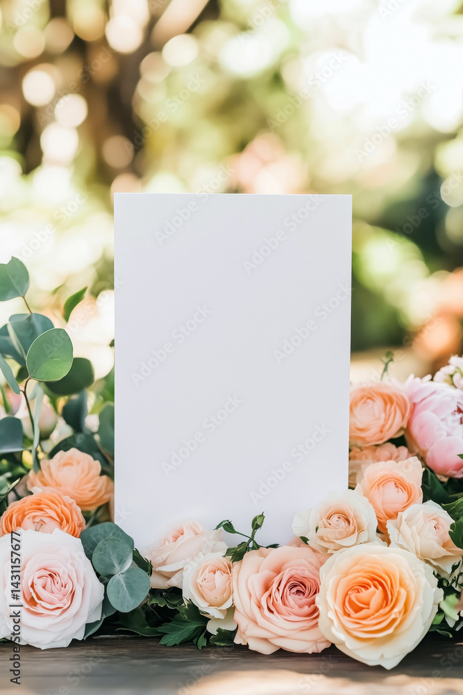 A blank card mockup on a table decorated with a floral arrangement of pink roses.