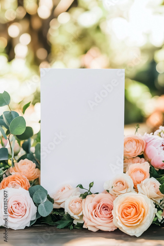 Obraz na płótnie A blank card mockup on a table decorated with a floral arrangement of pink roses. w salonie