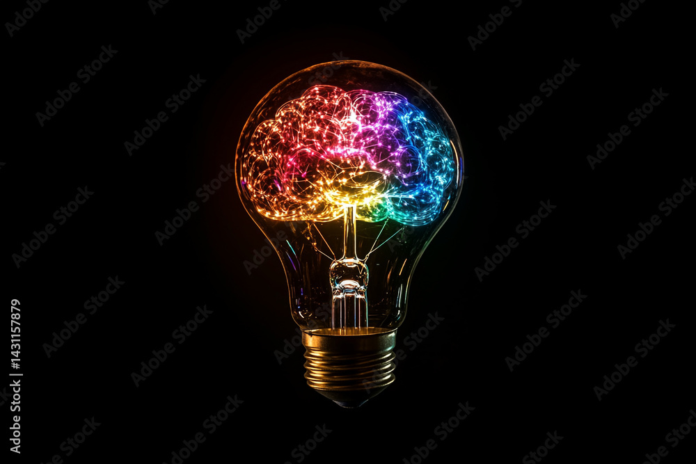 A rainbow brain inside a glowing lightbulb a symbol of ideas and innovation