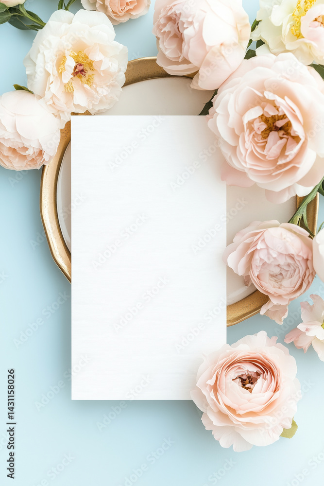 A blank card mockup on a plate on a table decorated with flowers