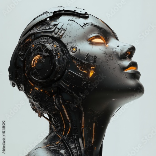 Futuristic robot head, profile view, studio shot