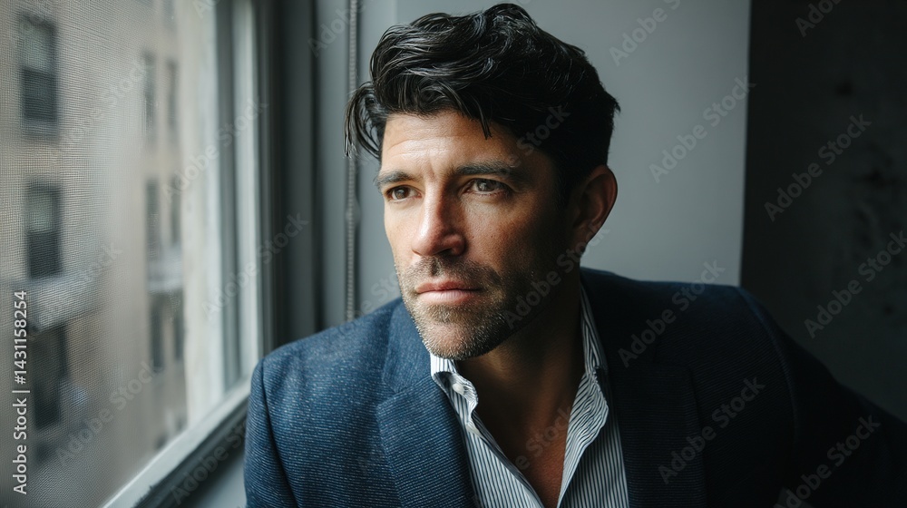 Fototapeta premium Young Executive in Navy Blazer, Confident Expression, Head and Shoulders Portrait, Soft Window Light, Minimal Grey Office Backdrop