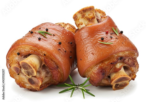 Two roasted pork knuckles garnished with rosemary isolated on white background