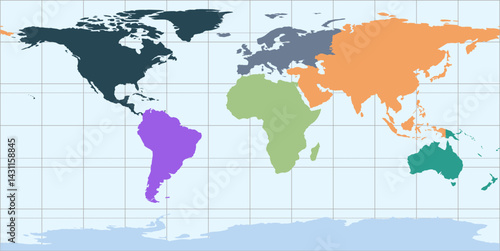 World vector map with continent boundaries and graticules (PPT-compatible, pre-colored & fully editable)