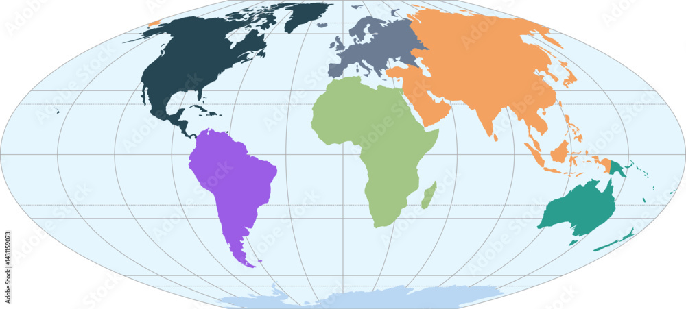 Fototapeta premium World vector map with continent boundaries and graticules (Flat polar quartic projection, PPT-compatible, pre-colored & fully editable)