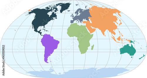 World vector map with continent boundaries and graticules (Loximuthal projection, PPT-compatible, pre-colored & fully editable)