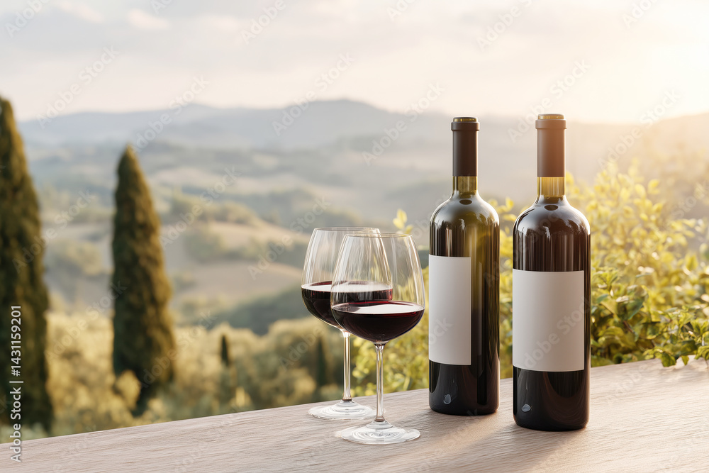 Bottles of red wine with blank white labels and glasses on a wooden table with a vineyards in the background