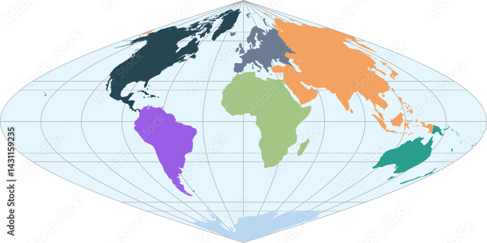Fototapeta premium World vector map with continent boundaries and graticules (Sinusoidal projection, PPT-compatible, pre-colored & fully editable)