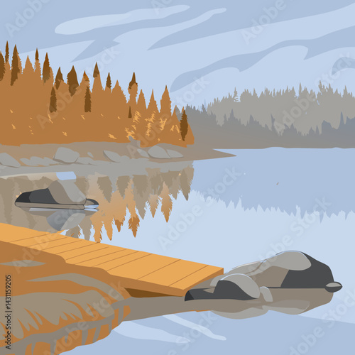 A peaceful lakeside landscape with pine trees, still water, and a small wooden dock at sunrise