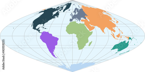 World vector map with continent boundaries and graticules (Sinusoidal projection, PPT-compatible, pre-colored & fully editable)