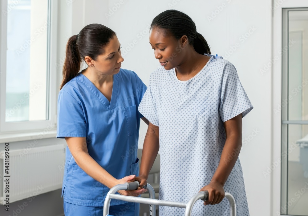 Obraz premium Nurse helping patient with walker
