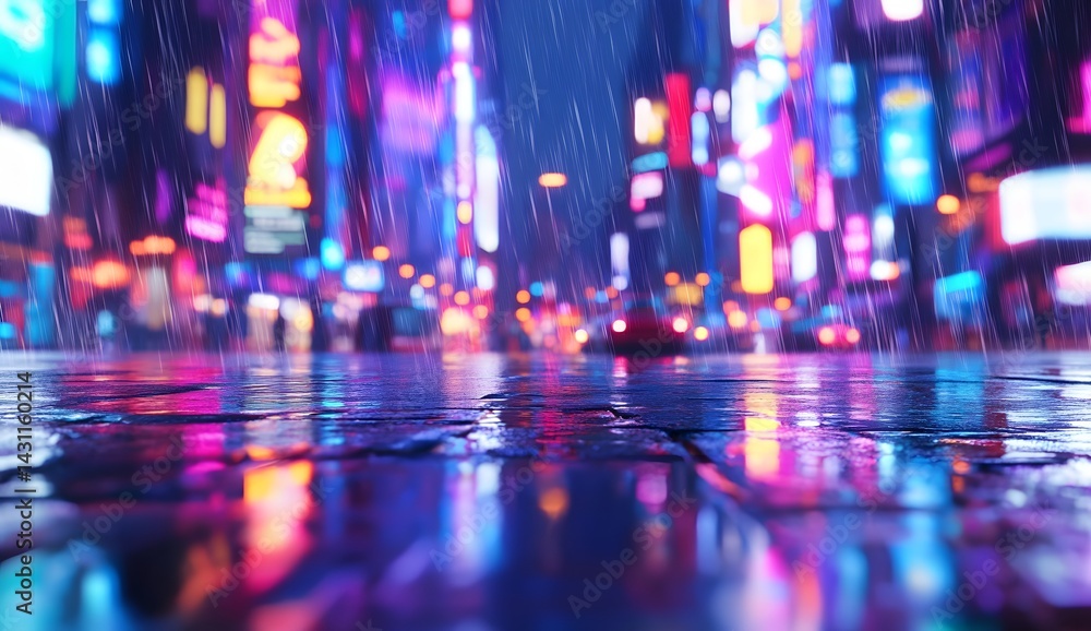 Fototapeta premium Close-up of a wet street with neon light reflections in the rain, blurred city background at night.