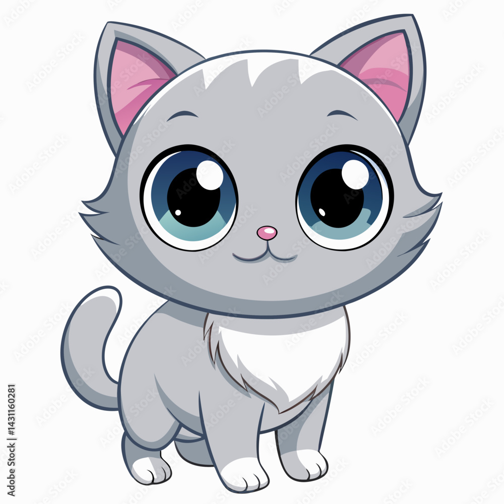 Obraz premium Cute Grey Cartoon Kitten with Big Eyes – Adorable Chibi Cat Character Illustration.