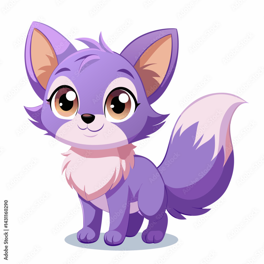Fototapeta premium Adorable Purple Cartoon Fox with Big Eyes – Cute Fantasy Animal Illustration.