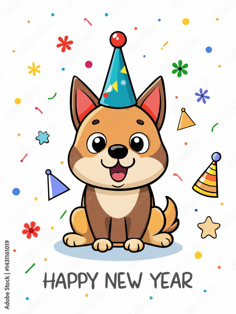 Fototapeta premium Cartoon Dog in Party Hat for Happy New Year - Festive Puppy Celebration Illustration.