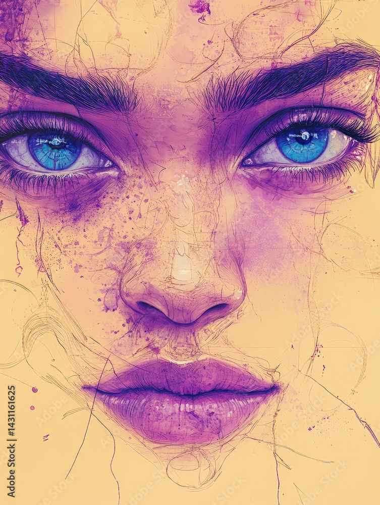Obraz premium Digital art portrait of a woman with blue eyes and purple hues.
